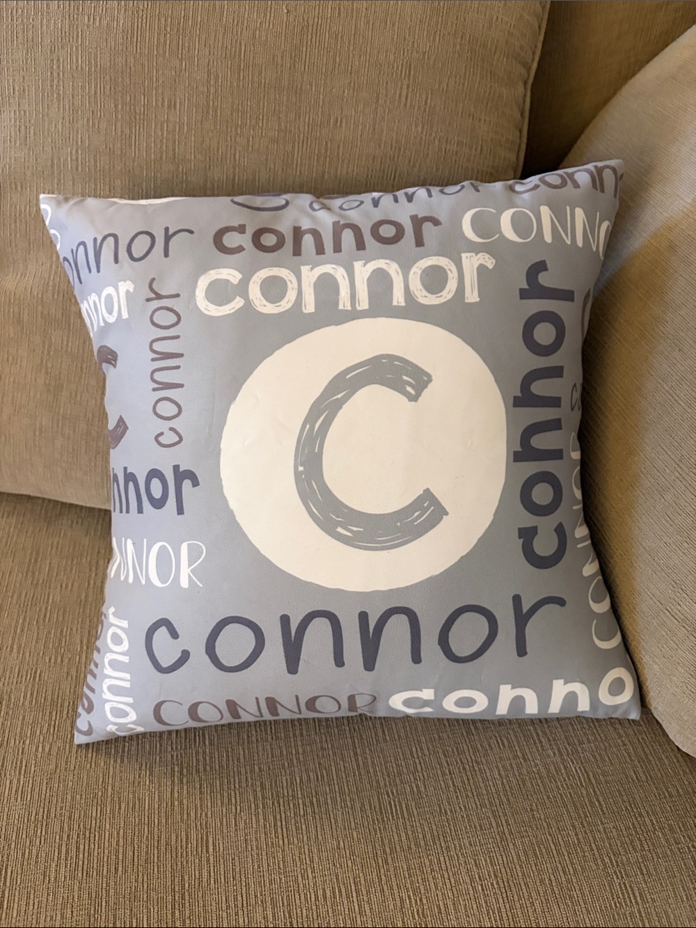 CONNOR Gray and White Name-Print Accent Pillow